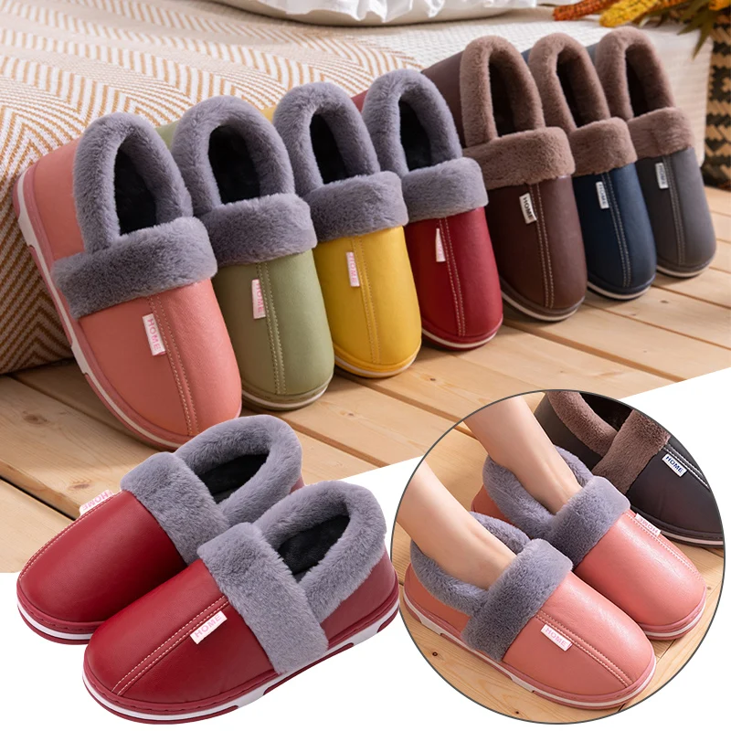 

Women Men Winter Plush Slippers Lined Warm House Shoes Faux Leather Plush Fur Shoes Couples Indoor/Outdoor Floor Shoes