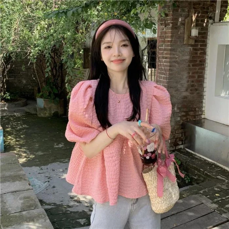

Puff Sleeves Blouses Women Korean Chic Streetwear Fashion Vintage Short Sleeve Clothes Y2K Sexy Solid Summer Elegant Design Tops