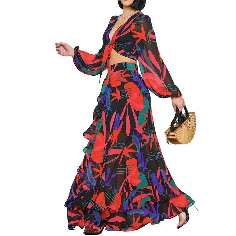 

Chiffon Maxi Skirt Two Piece Set Women Cropped Top Lace-up Long Sleeve Casual High Waist Skirt Fashion Outfits Summer Clothing