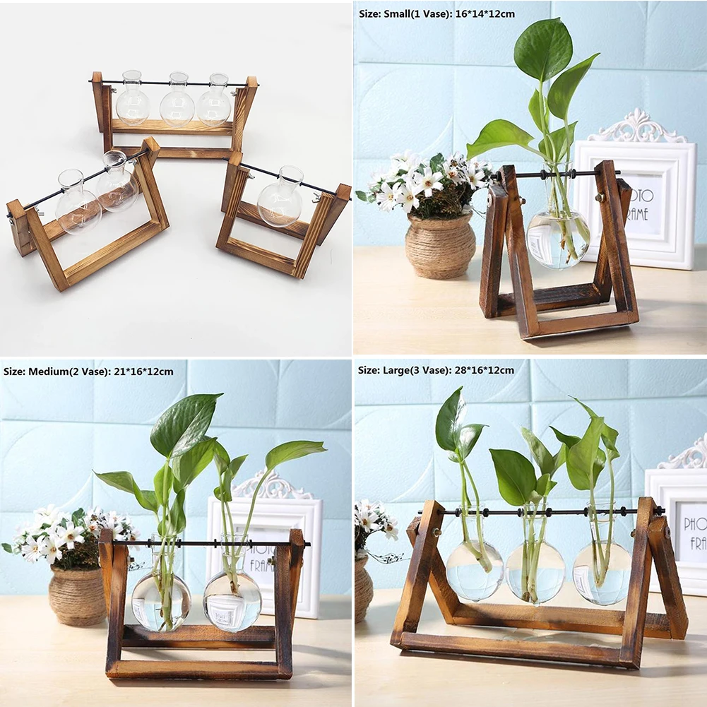

Wooden Frame Glass Container Creative Hydroponic Plant Transparent Vase Tabletop Plant Bonsai Decor Glass Hanging Flower Pots