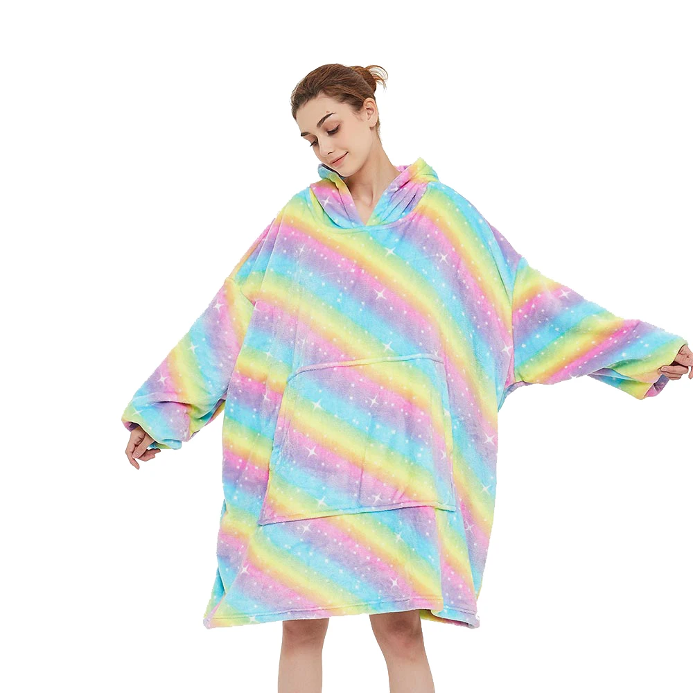 

Winter Wearable Sleeping Warm Plush Oversized Fleece Rainbow Giant TV Blanket Hoodie with Sleeves Pullover Women Sweatshirts