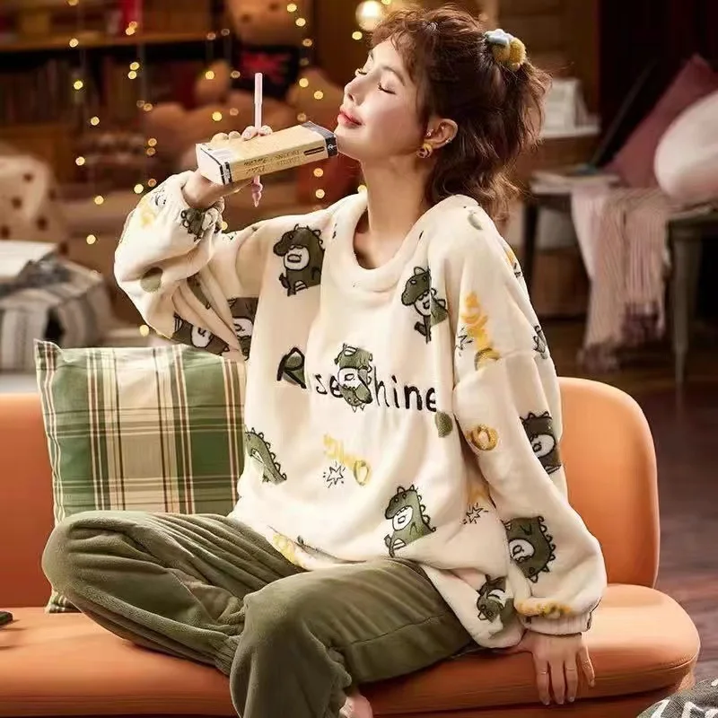 New 2022 Autumn Winter Warm Flannel Women Pyjamas Sets Thick Coral Velvet Long Sleeve Cartoon Sleepwear Girl Flannel Pajamas Set