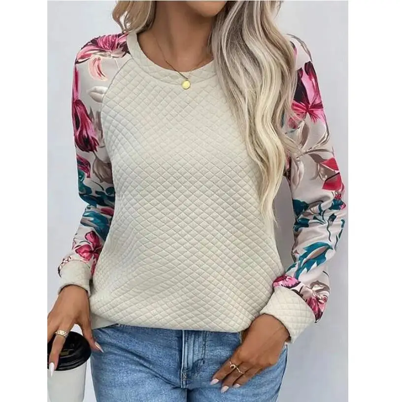 

2023 European And American Independence Station Autumn Popular Waffle Loose Panel Long Sleeve Printed Pullover Round Neck Women