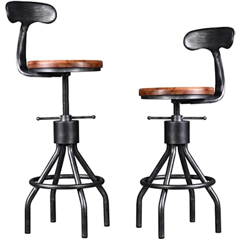 

Set of 2 Rustic Industrial Bar Stool-24-30 Adjustable Metal Swivel Wooden Top Barstools-Counter Height Extra Tall Bar Height
