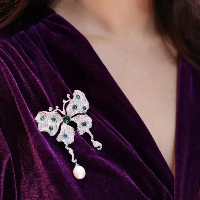 

Natural Fresh Water Pearl Butterfly Brooch 925 Sterling Silver with Cubic Zircon Blue Green Red Color Fine Women Jewelry