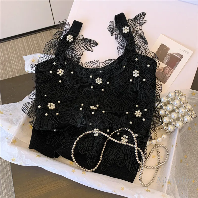

2023 Summer Tops New Heavy Industry Three-Dimensional Flower Beaded Slimming Knitted Camisole Women's Vacation Lace Floral Top