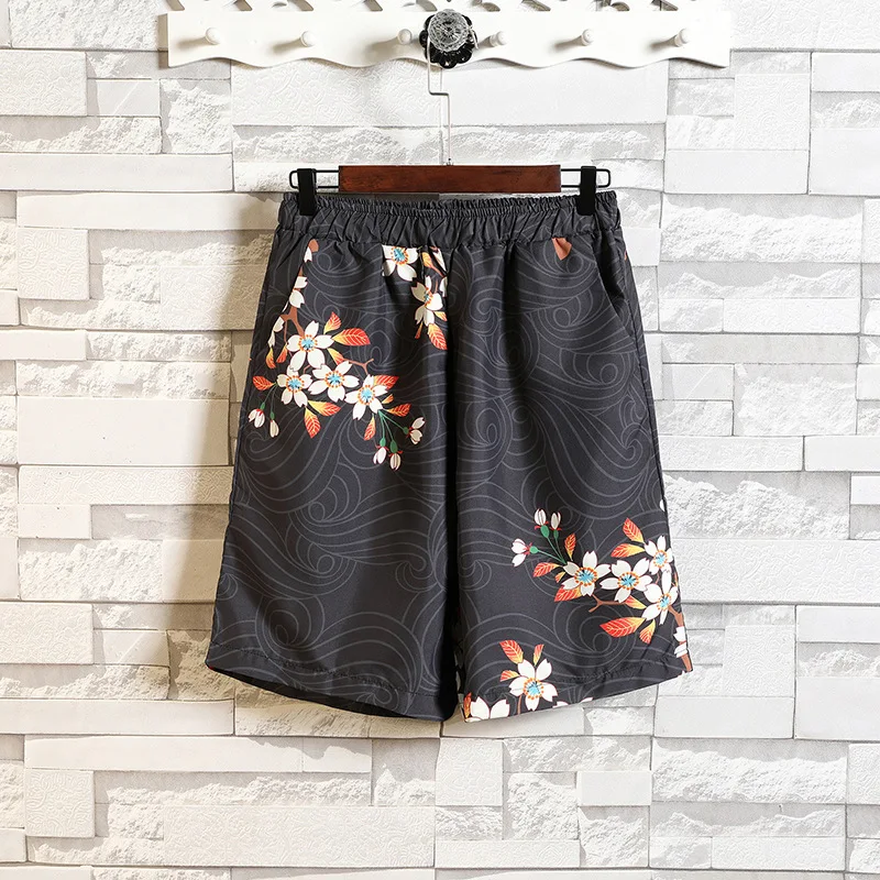 Summer New Men Chinese Shorts Print Crane Harem Pants Large Size Beach Elastic Waist Sleep Bottom Underwear Loungewear Homewear