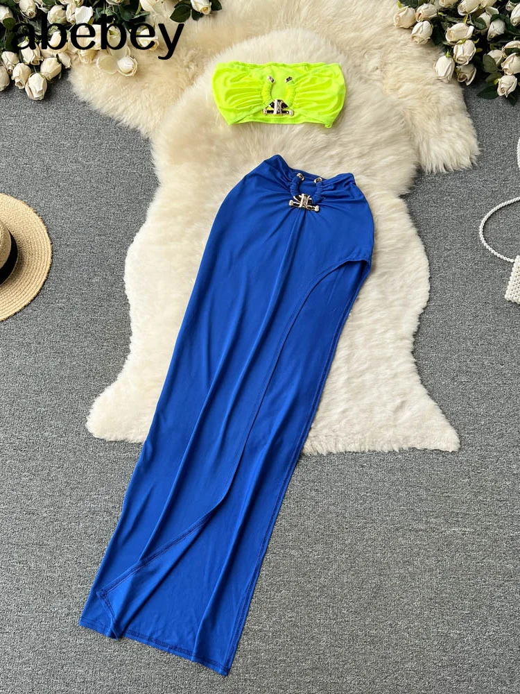 

Women Sexy Two-piece Clothes Set Women's suit Solid Strapless Slim Camisole and High Waist Split Long Slit Skirt Summer outfits