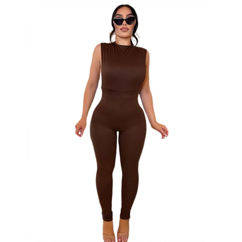 Europe And America 2023 Spring New Women's Sleeveless Lace Up Hollow Fit High Waist Sports Jumpsuit