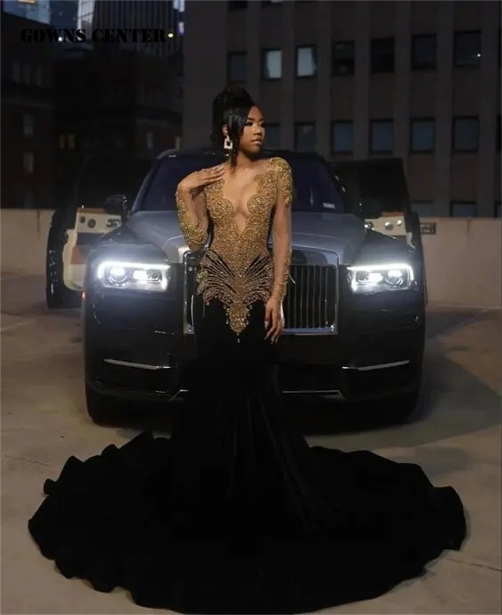 

Graceful Black Velvet Gold Rainstone Mermaid Prom Dresses 2024 Black Girl See Thru African Wedding Evening Dress Long Sleeves