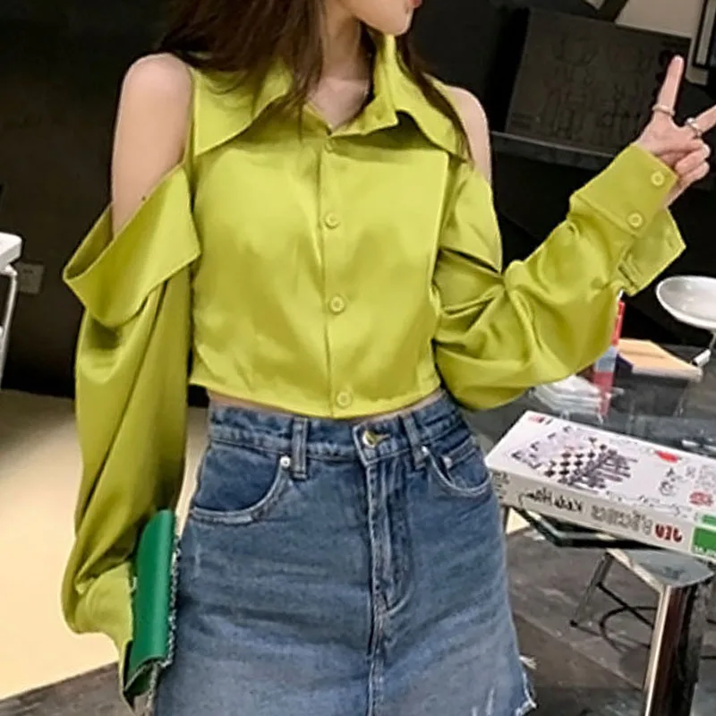 

Korean Version Polo Collar Single-Breasted Women'S New Summer Off-The-Shoulder Butterfly Satin Solid Color All-Match Shirt