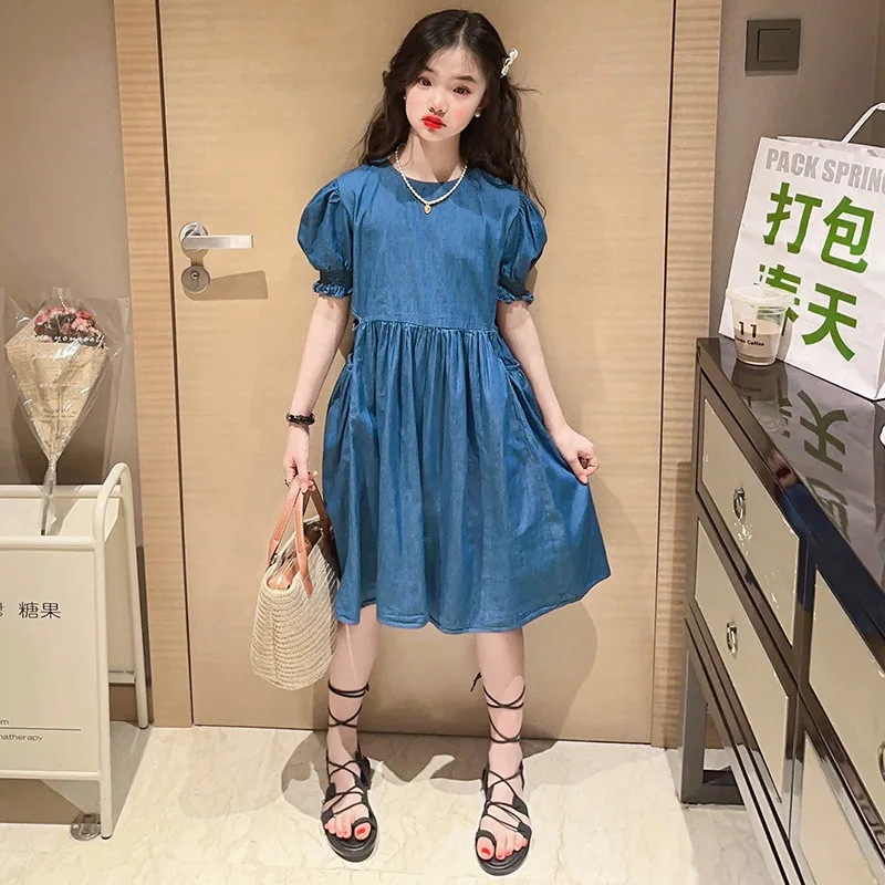 

Girls Summer Denim Dress 2023 Casual Puff Sleeve Blue Dresses for Kids Openwork Fashion School Teen Children Costume 13 14 Years