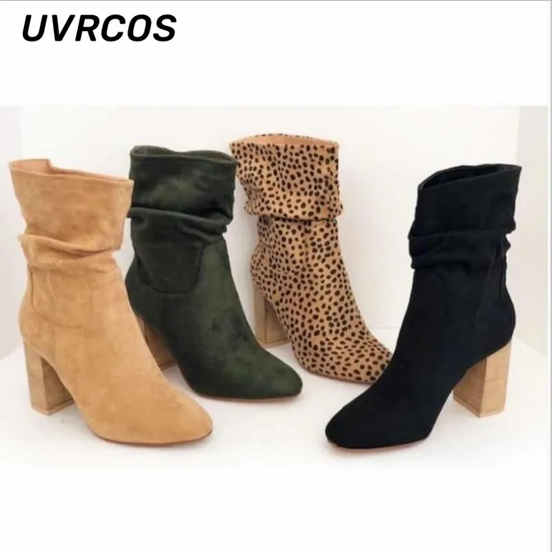 

Women Boots Chunky Heels Mid Suede Hint Short Solid Color Winter Random Keep Warm Fashion Bare Single The New Shoes Platform