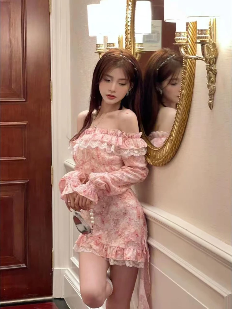 Floral Kawaii Lolita Party Mini Dress Women Print Korea Style Sweet Cute Fairy Dress Off Shoulder Sexy Elegant Dress Summer 2023