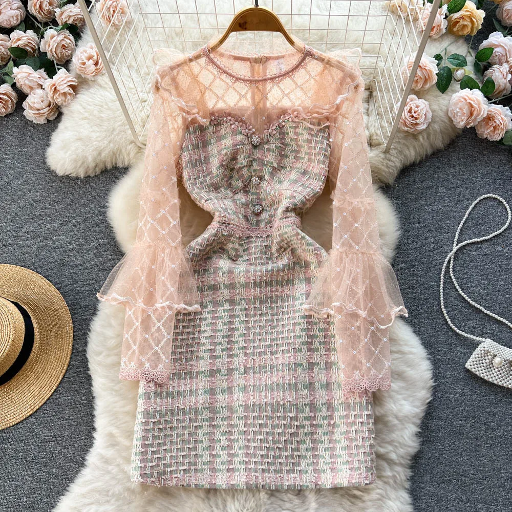 

Spring Elegant Midi Dress for Women Tweed Mesh Patchwork Ruffles Round Neck Bodycon Short Robe Luxury Chic Runway New In Lace