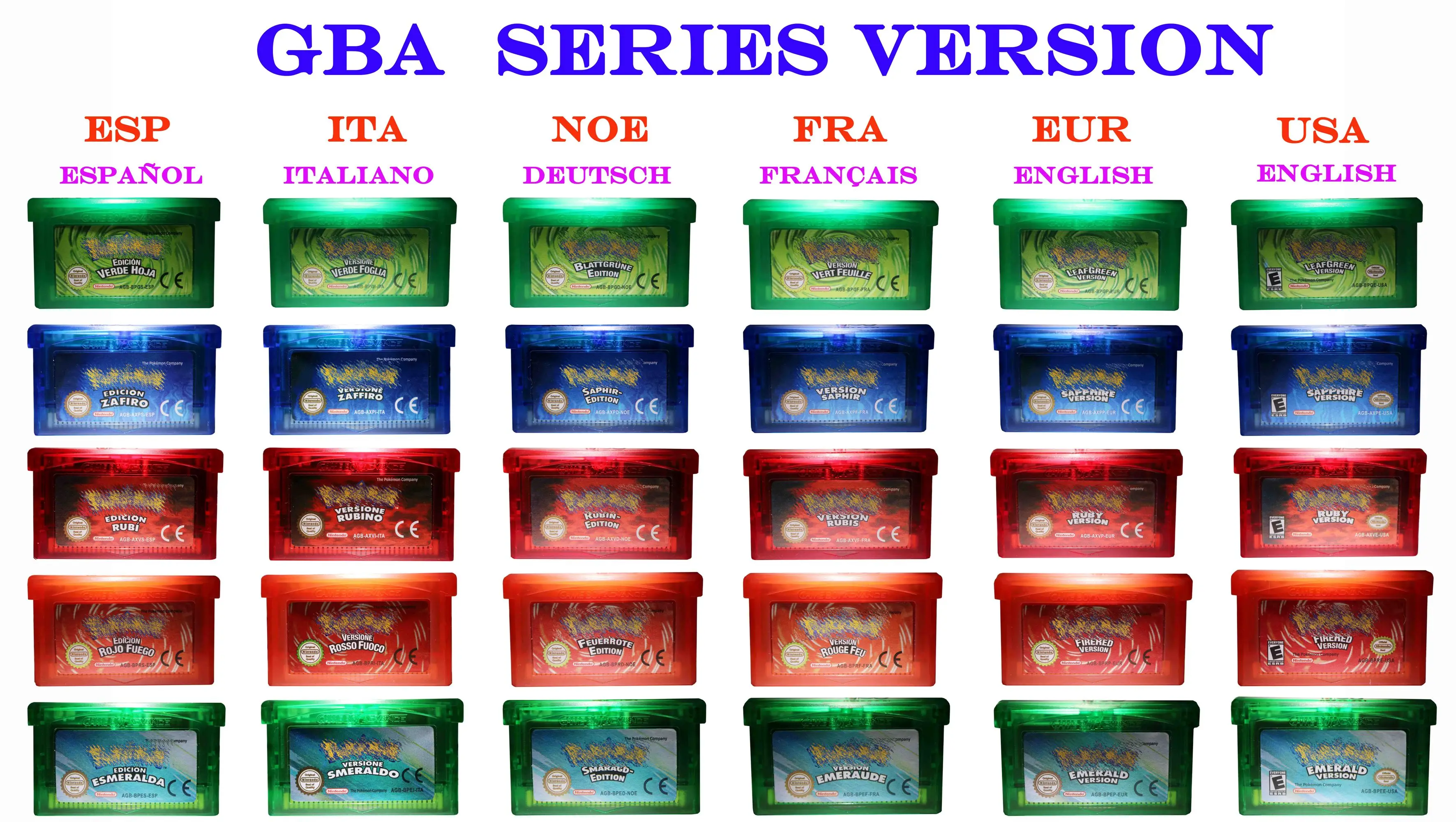 Карта видеоигр Poke mon GBA NOE/ESP/ITA/FR/Европейская/Американская серия, Изумрудный перфорированный листовой зеленый рубиновый сапфировый многоязычный