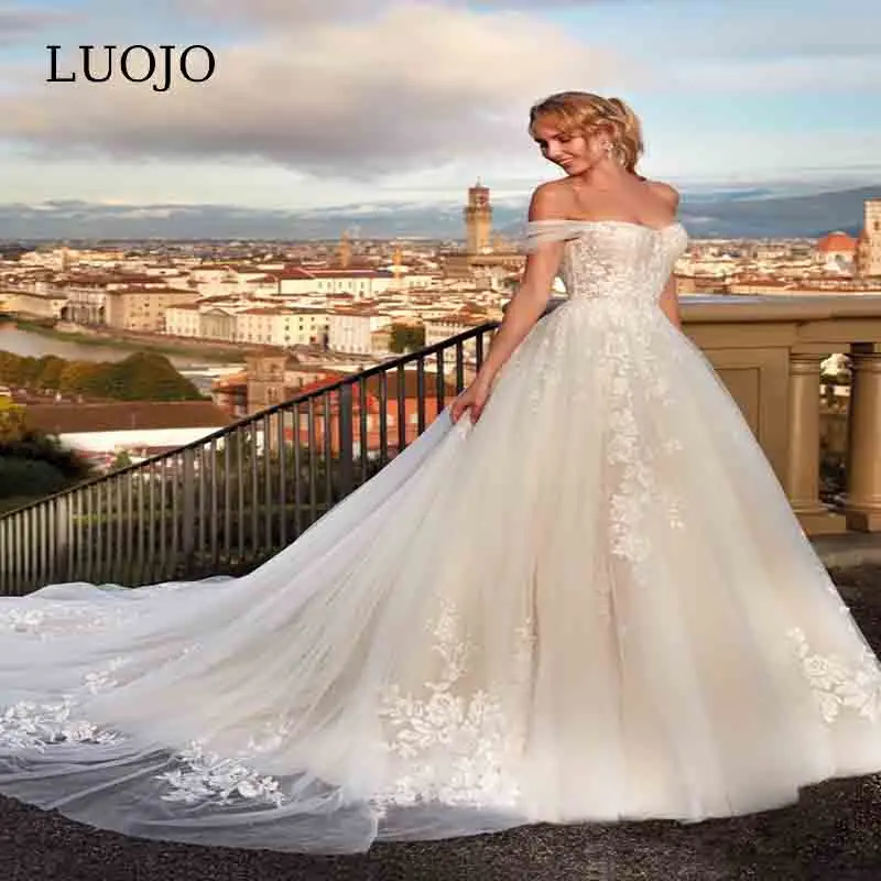

Женское платье с открытыми плечами LUOJO Boho, свадебное платье трапециевидной формы до середины икры, платье невесты с аппликацией, 2022
