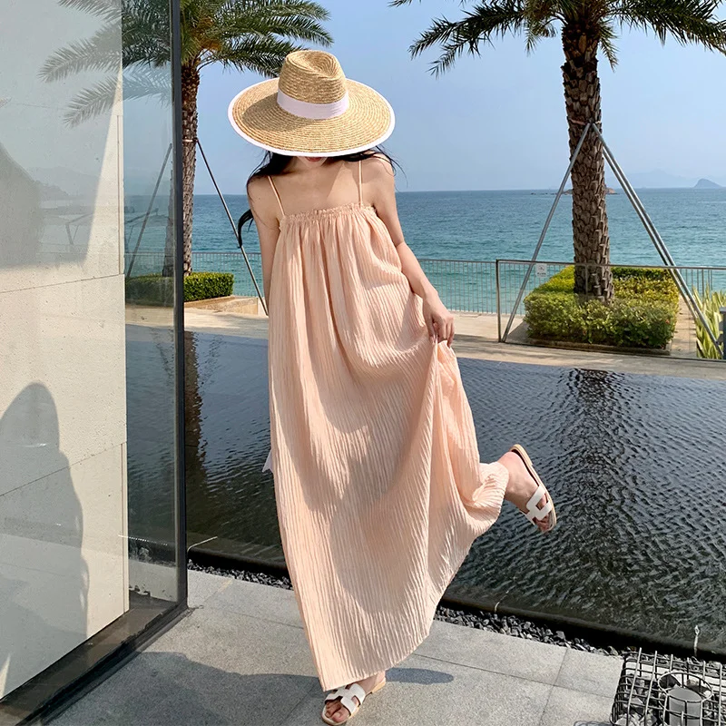 

Платье-комбинация женское на бретельках, элегантная длинная юбка с текстурой искусственного ветра, цвет белый, морской бриз, лето
