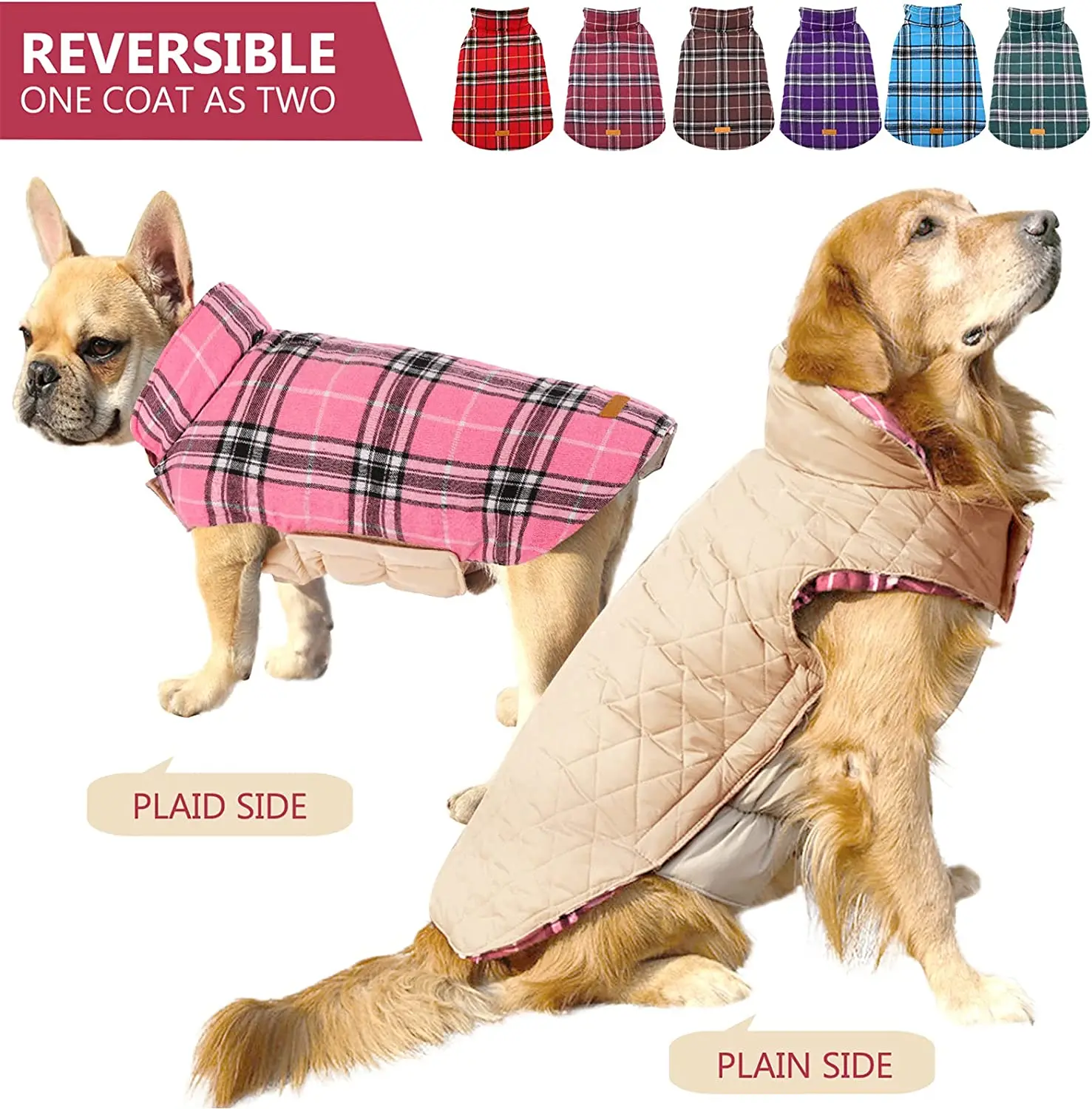 

Dog Vest Cozy with Furry Collar Windproof Reversible British Style Plaid Winter Coat Warm Apparel for Cold Weather Dog Jacket