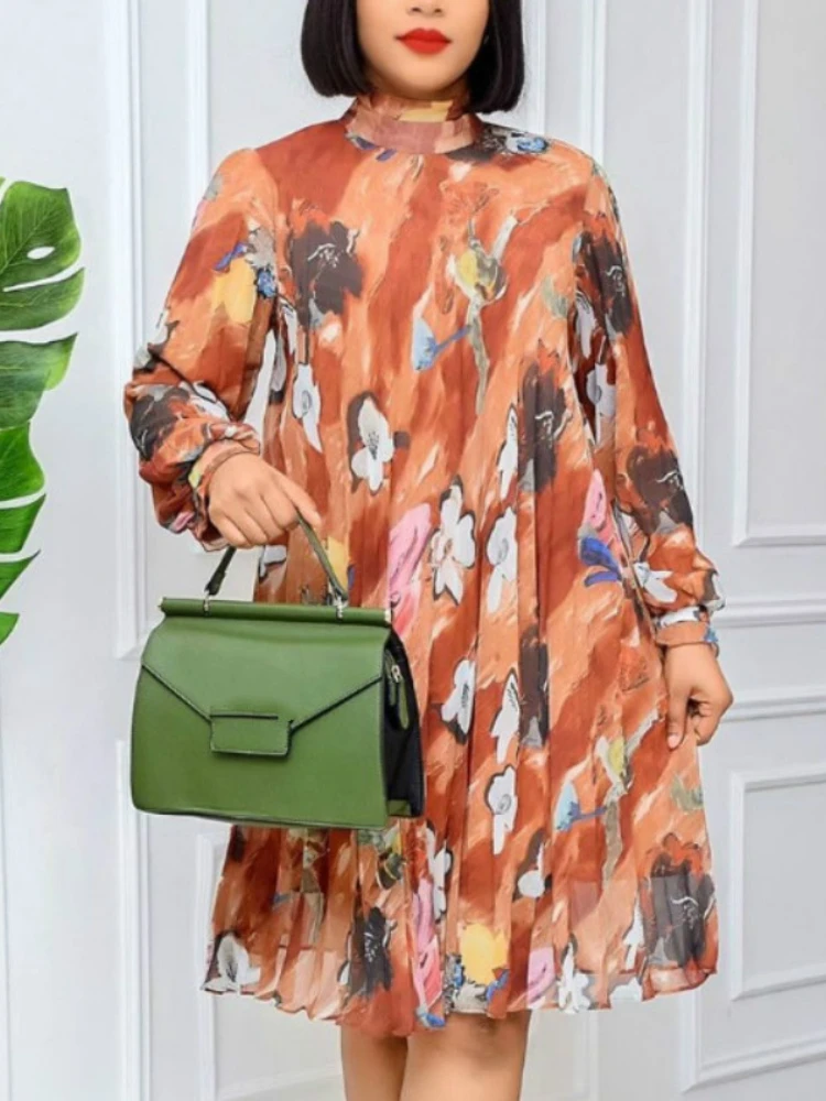 

Chiffon Printed A Line Dress Loose Long Sleeve Turtleneck Elegant Thin Knee Length African Women Big Size Autumn New Vestidos