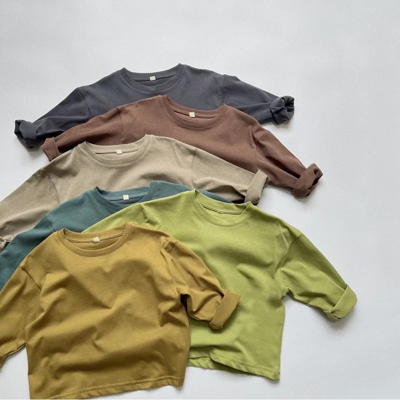 

Новые базовые Топы Morandi, простая Винтажная футболка с длинным рукавом для девочек, повседневная мягкая удобная хлопковая майка для мальчико...