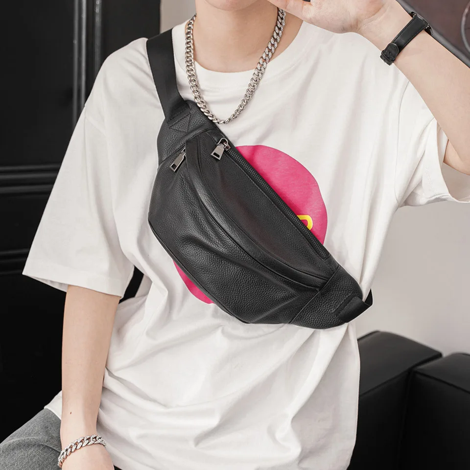 

Leather Chest Bag High Quality Korean Version Casual Versatile One Shoulder Crossbody Chest Bag Small Lychee Pattern Black S125