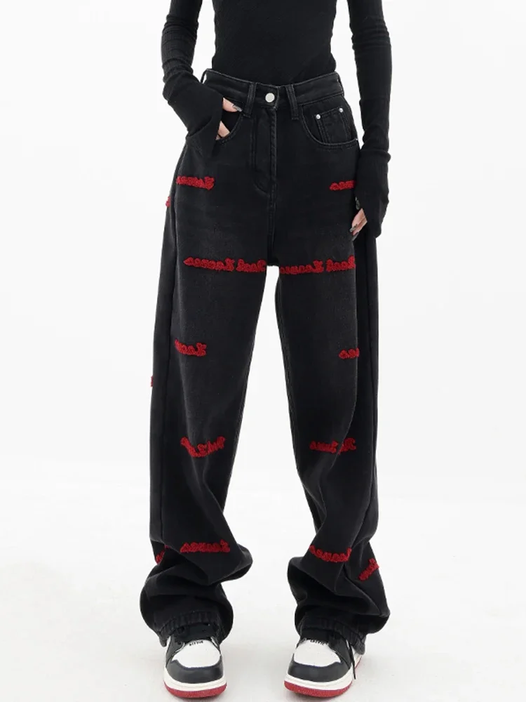 

Черные вышитые джинсы, новинка весны, женские узкие прямые брюки большого размера в форме груши с высокой талией и широкими штанинами, Y2K