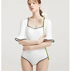 Слитный купальник с коротким рукавом, Женский однотонный белый купальник, монокини с оборками, винтажный купальный костюм, трикини с пуш-апом в Корейском стиле