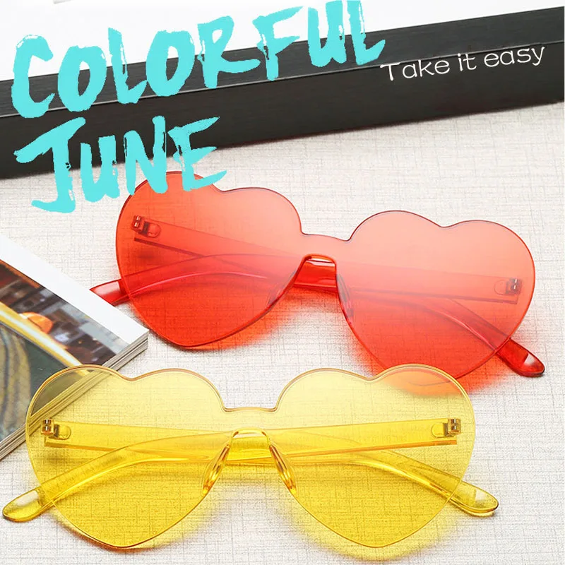 

Love Heart Shape Sunglasses Women Rimless Frame Tint Clear Lens Colorful Sun Glasses Female Red Pink Yellow Shades Travel