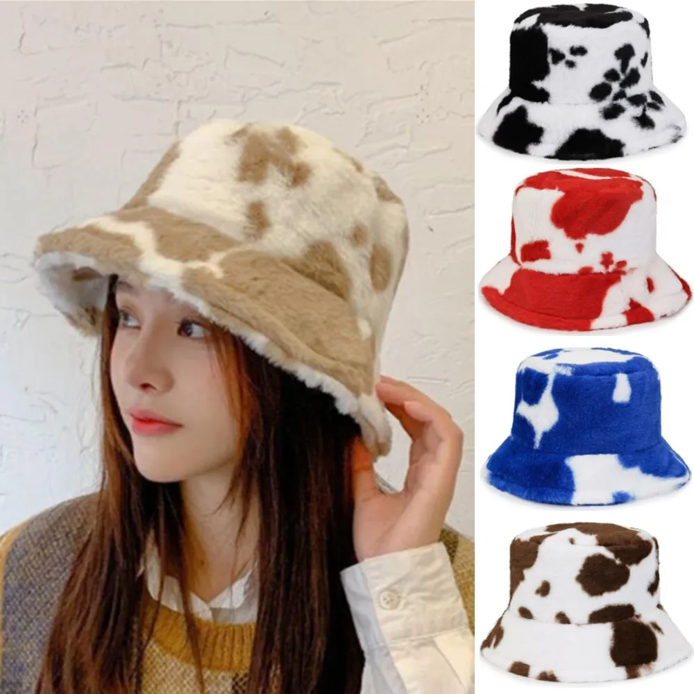 

Autumn Winter Bucket Hats 2023 New Fashion Cow Print Plush Warm Panama Cap For Women Men Outdoor Casual Hat Ladies Fisherman Cap