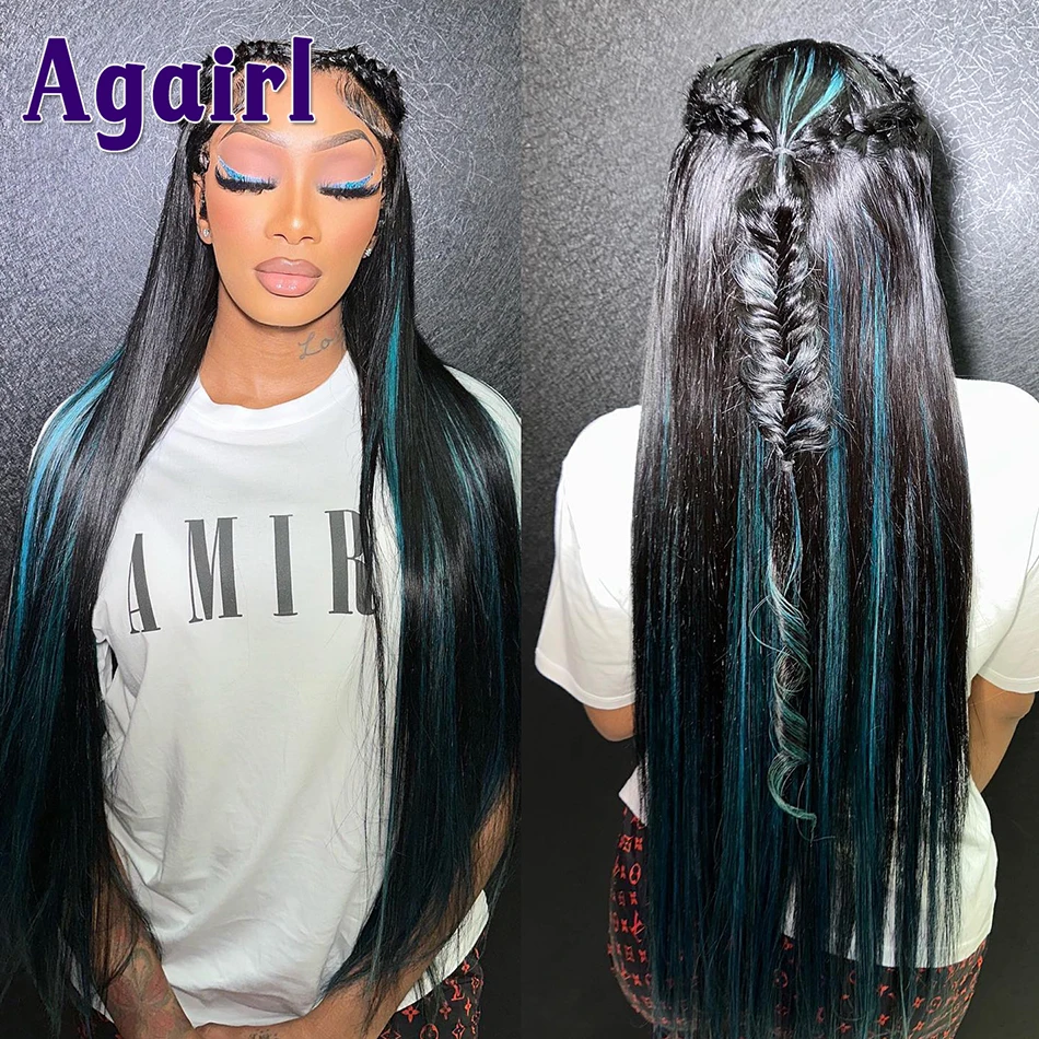 Mixed Sky Blue with Black Highlight Bone Straight Human Hair Wigs Pre Plucked 13X6/13X4 Lace Frontal Wig Transparent Closure Wig