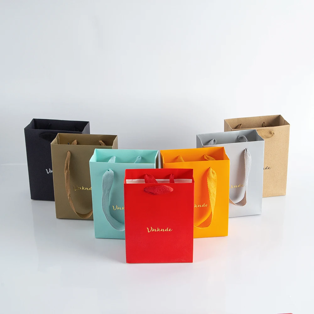 100pcs personalized Paper Tote Bags With Ribbon Cardboard Jewelry Gift Packaging Pouch Chic Small Wedding Ring Shopping Gift Bag