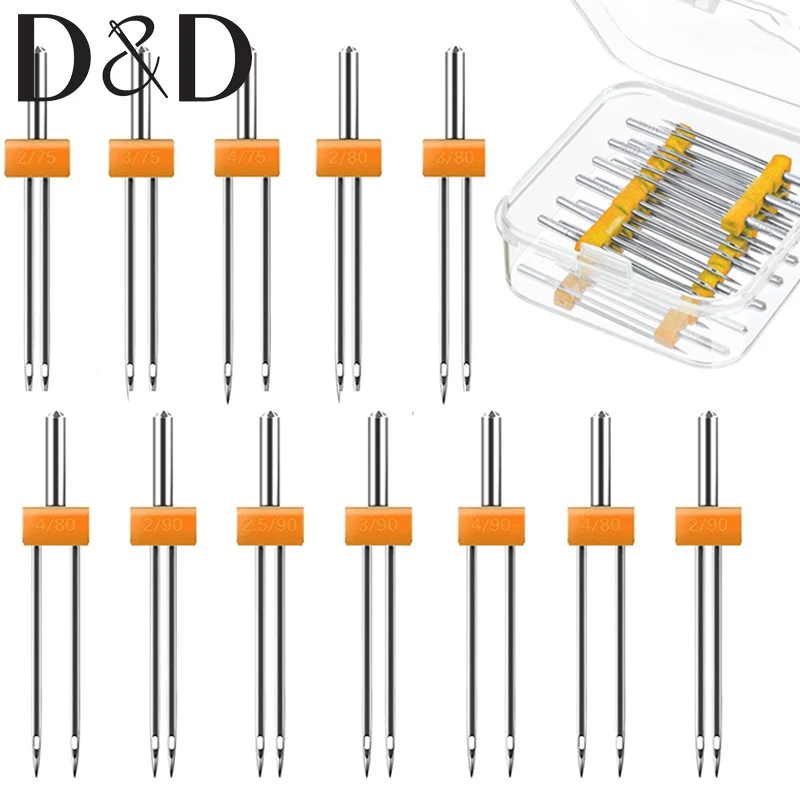 10PCS Sewing Machine Twin Needles Double Needles Pins Twin Stretch Needles with Plastic Box for Household Sewing Machine
