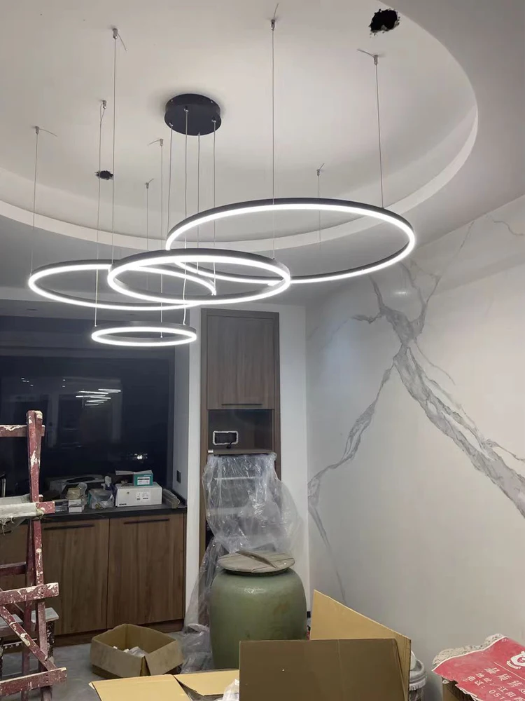 

Black Circle Chandelier For Living Room Modern Minimalist Nordic Atmosphere Duplex Building LED Decorative Lighting