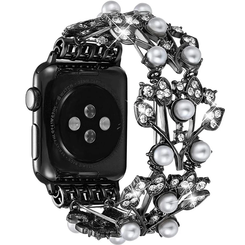 Metal strap For Apple Watch Band 7 44mm 40mm 42mm 38mm 41mm 45mm Women Pearl Watchband Bracelet Correa For iWatch Series 6 SE 5