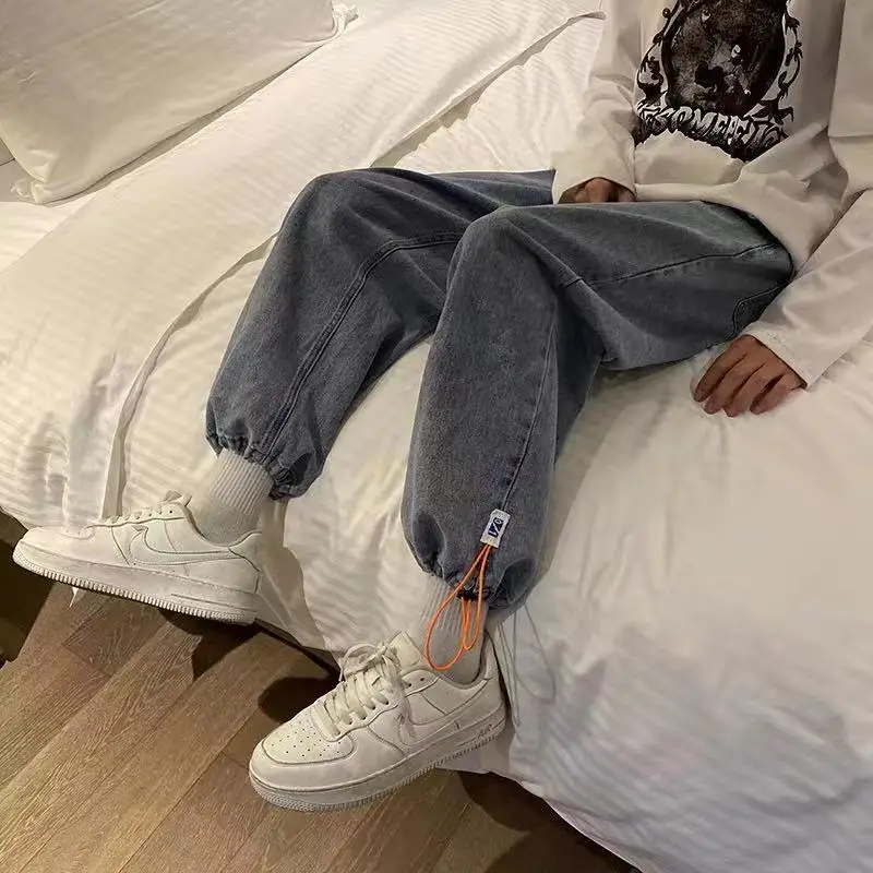 

Drawstring Ankle-Tied Jeans Men's Autumn New Loose Dad Jeans Ins Hong Kong Style Ruan Handsome Pants Cropped Pants Flare Jeans