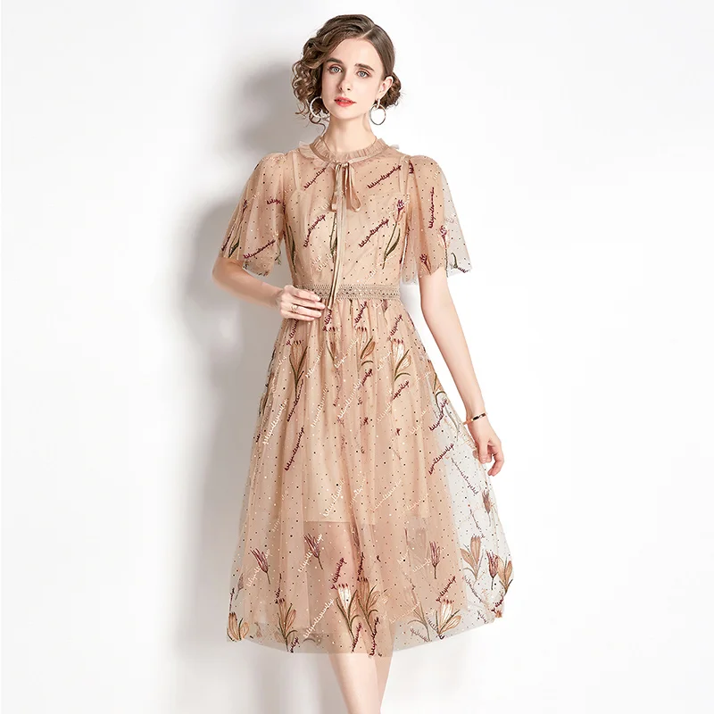 

Женское Сетчатое платье с коротким рукавом, повседневное элегантное дизайнерское платье миди из тюля с круглым вырезом и цветочной вышивкой, лето