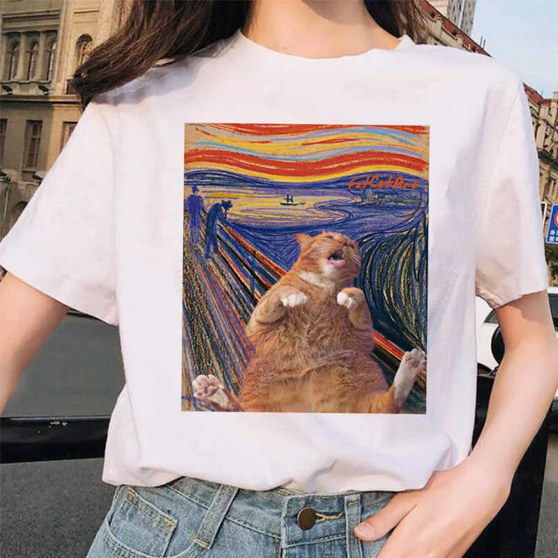 

Cat Women T Shirt Art Oil Painting Lattice Print New Cute Female Casual T-shirt Harajuku Tshirt Funny Tops Tees Aesthetic L