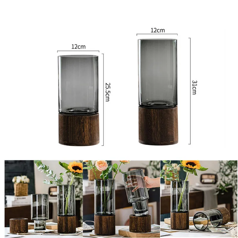 

European-style Vase Flowers Rose Pots Wooden Base Transparent Glass Vases Living Room Decor Flower Arrangement Home Decoration
