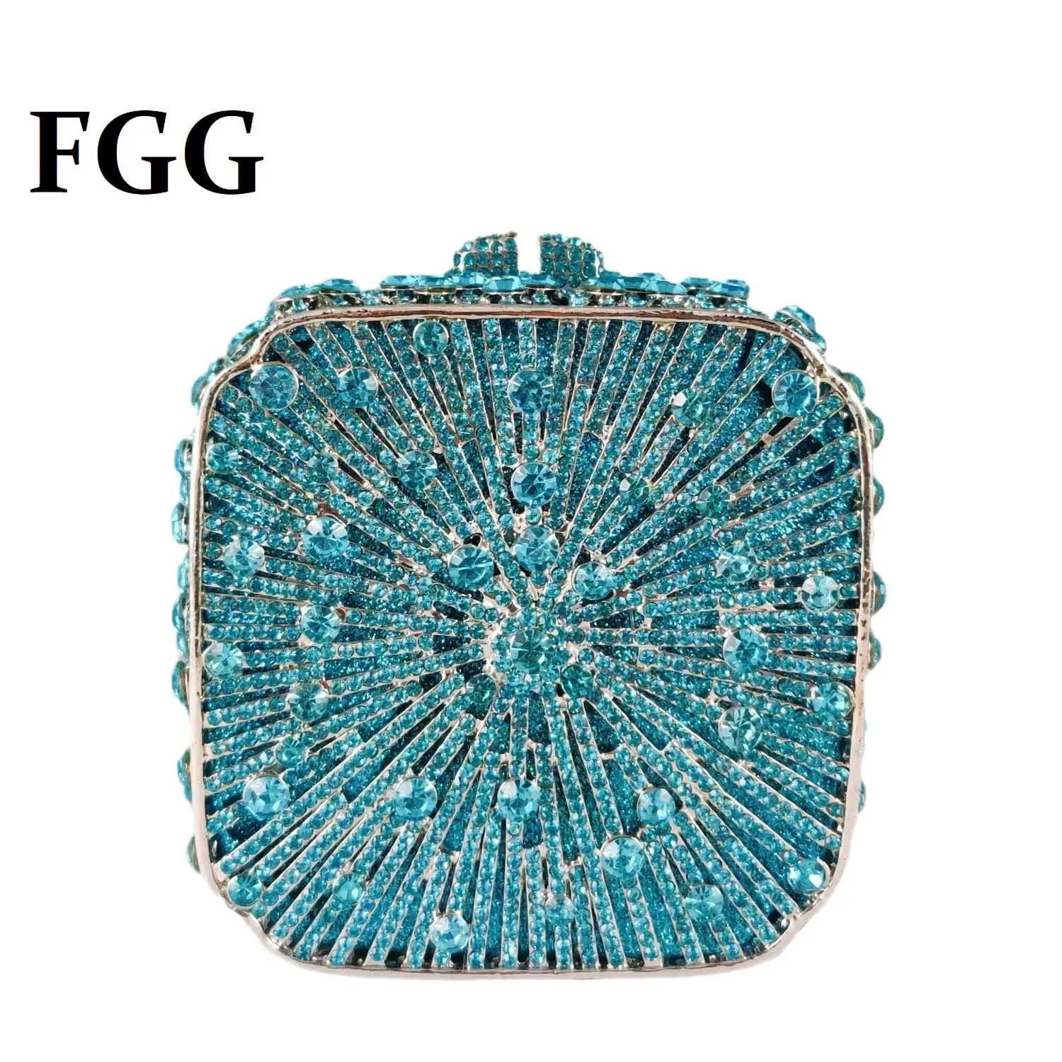 Boutique De FGG Light Blue Women Crystal Box Clutch Evening Minaudiere Purse Bridal Wedding Rhinestone Handbags