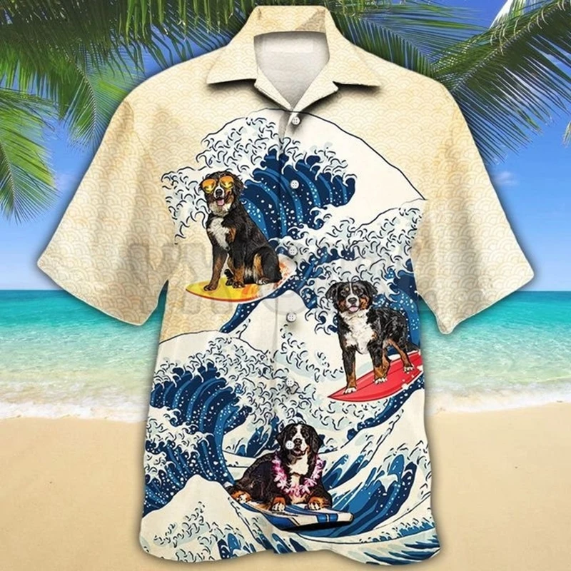 Bernese Mountain Waves Hawaiian Shirt 3D All Over Printed Hawaiian Shirt Men's For Women's Harajuku Casual Shirt Unisex