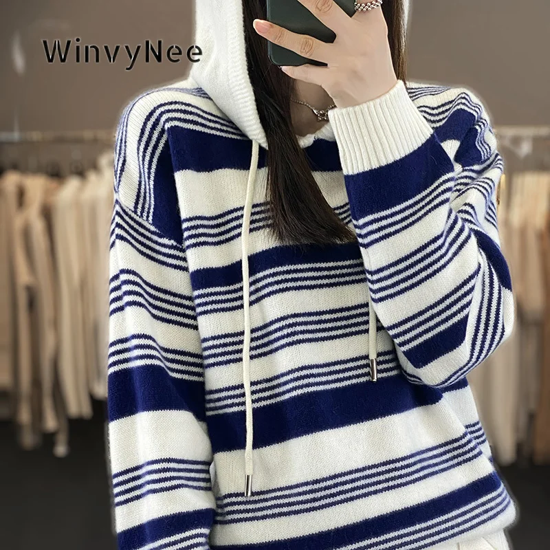 Фото Женская вязаная туника WinvyNee с капюшоном и круглым вырезом, теплая, 100% шерсть, в полоску, свободного кроя, шелковистая, стильная, для холодной зимы, повседневная одежда, модель A1853006 №5