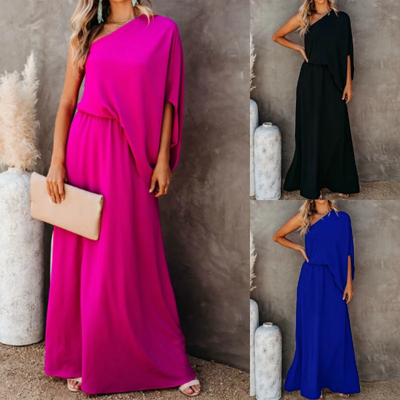 

Spring Summer Pink Dress Slanted Neck Strapless Long Side Slit Dress Women Off Shoulder Loose Light Elegant Dresses Party Wear