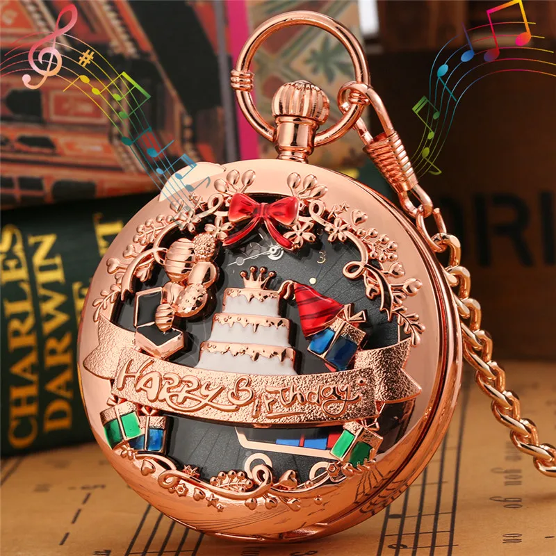 Creative Happy Birthday Playing Song Music Pocket Watch Men Women Quartz Analog Clock Half Hunter Pendnat Chain Special Gift