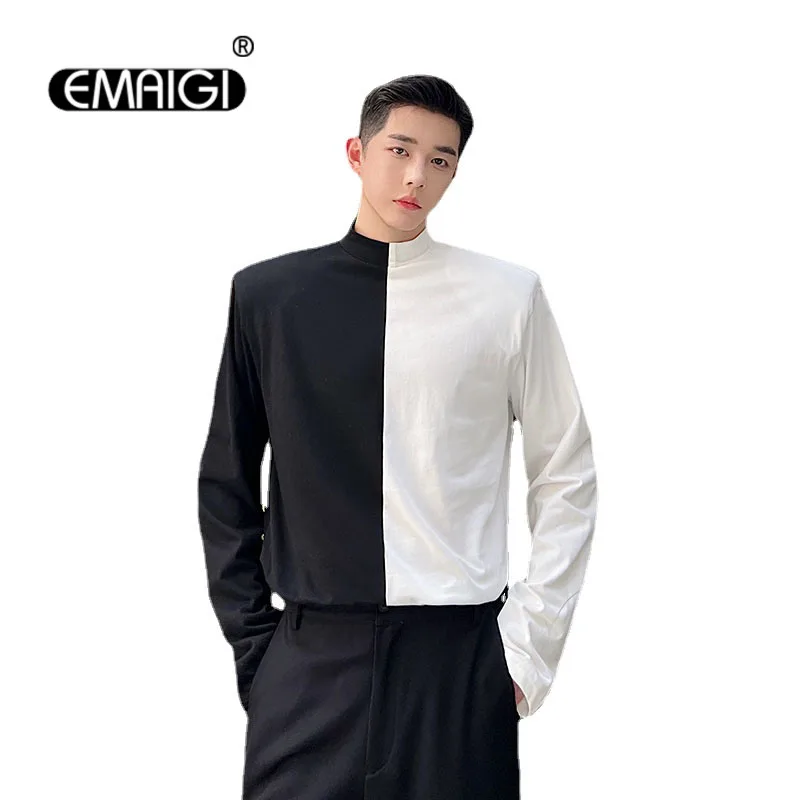 

Men Black White Splice Loose Long Sleeve Shoulder Pad Stand Collar T-shirt Male Streetwear Fashion Hip Hop Tshirts Tees Shirts