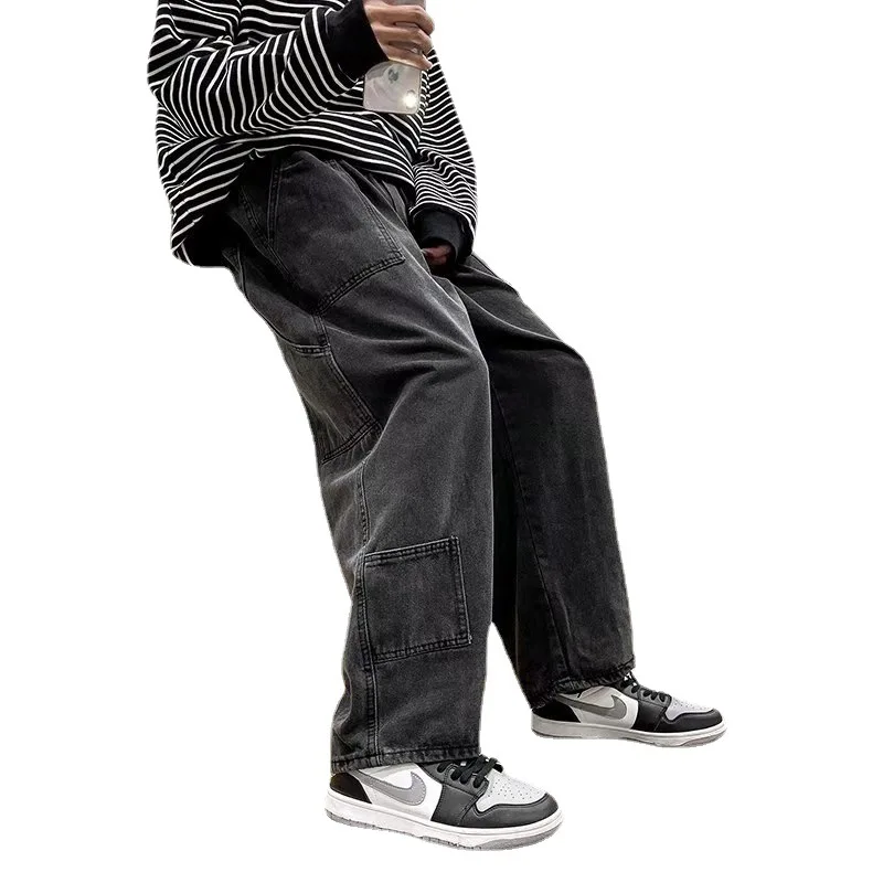 Men's Denim Pants Fashion Loose Wide Leg Jeans Casual Streetwear Printed Cross Trousers Pure Cotton Pants Baggy Men Jeans