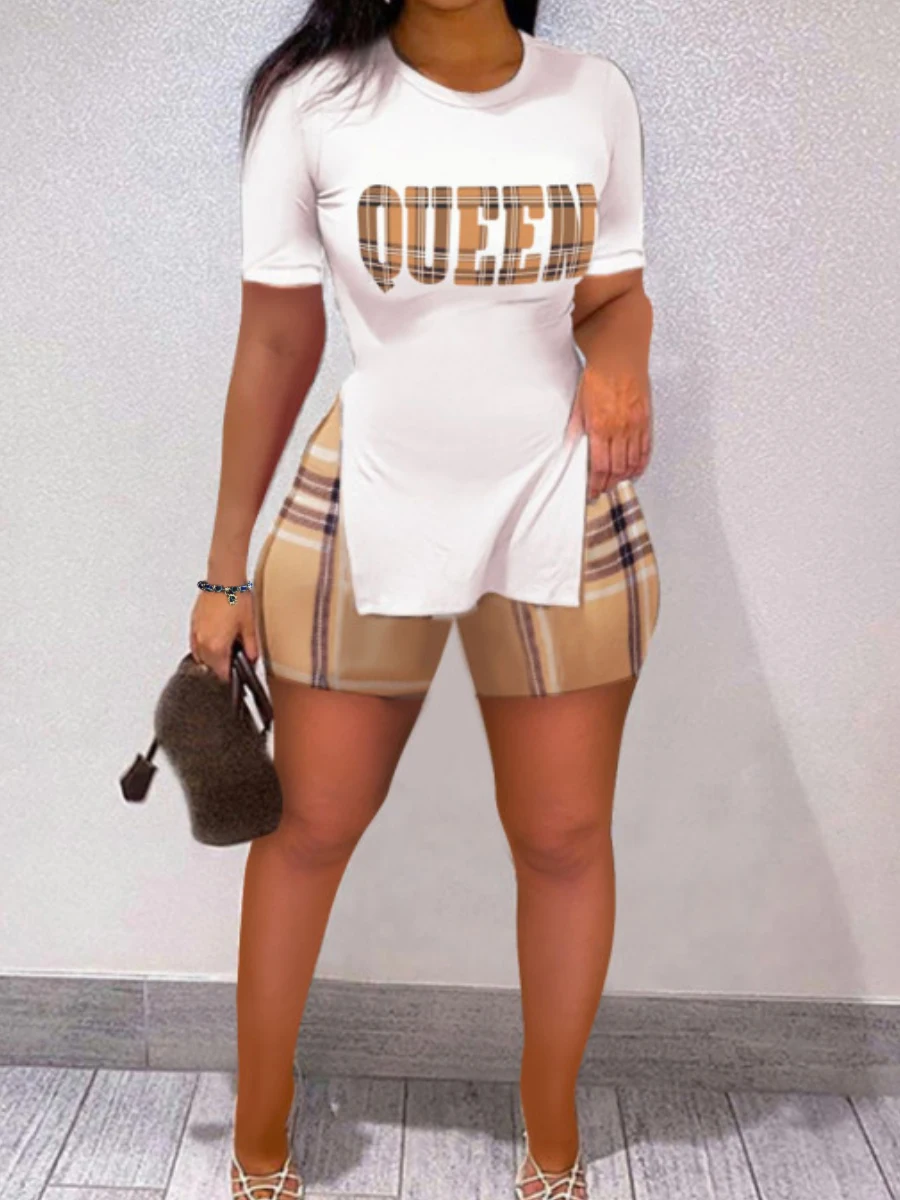 

LW Women Clothing 2 Pieces Set 2022 Round Neck Queen Letter Mixed Short Sleeve Skinny Print Side Split Fashion Shorts Clothing