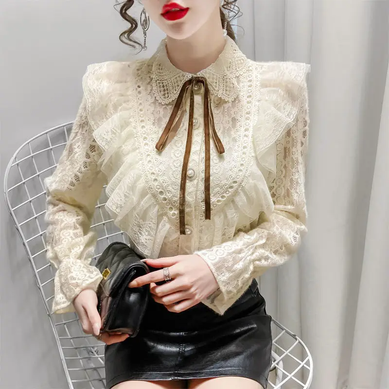 

Spring Autumn Lace Blouse Women Turn Down Collar Long Sleeved Shirt Women's Patchwork Ruffle Blouses Blusas Ropa De Mujer J190