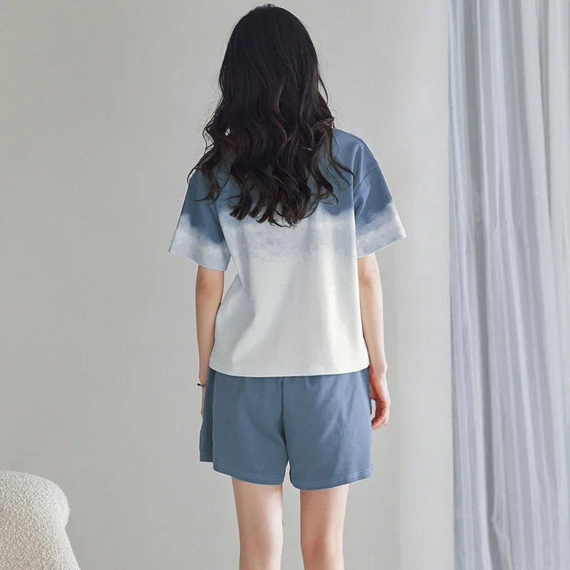 2023 New Gradient Color Cotton Women's Homewear Pajamas Nightgown Short Sleeves & Pants Sleepwear Sets Loose Comfortable Suit