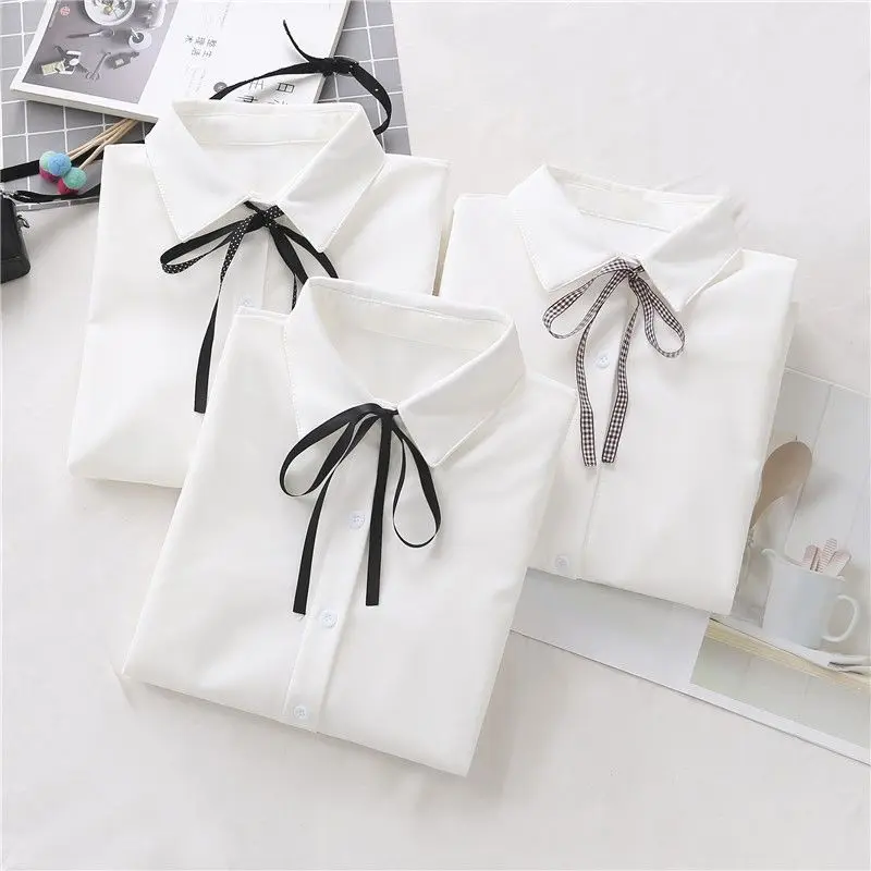 

College Style Bow Lace-up White Shirt Women Japanese Long Sleeved Blouse Girls Y2k Student Turn Down Collar Blouse Tops Mujer